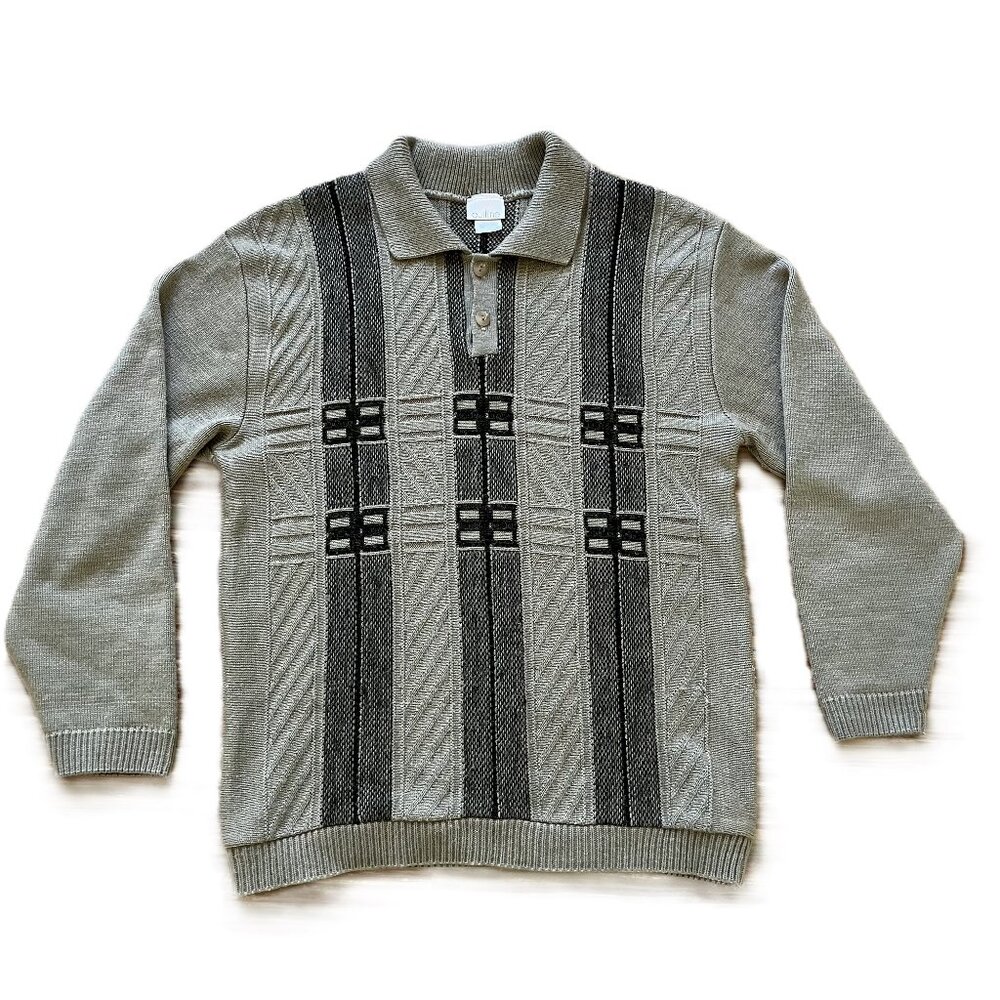 Outline Pullover Polo Sweater Textured Knit Grey/Beige Vintage 90s